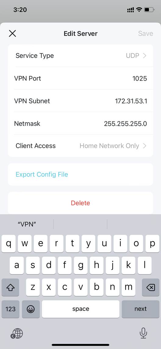 ALT-Text: Deco-App mit gespeichertem VPN-Server-Profil und Option zum Exportieren der Konfigurationsdatei.