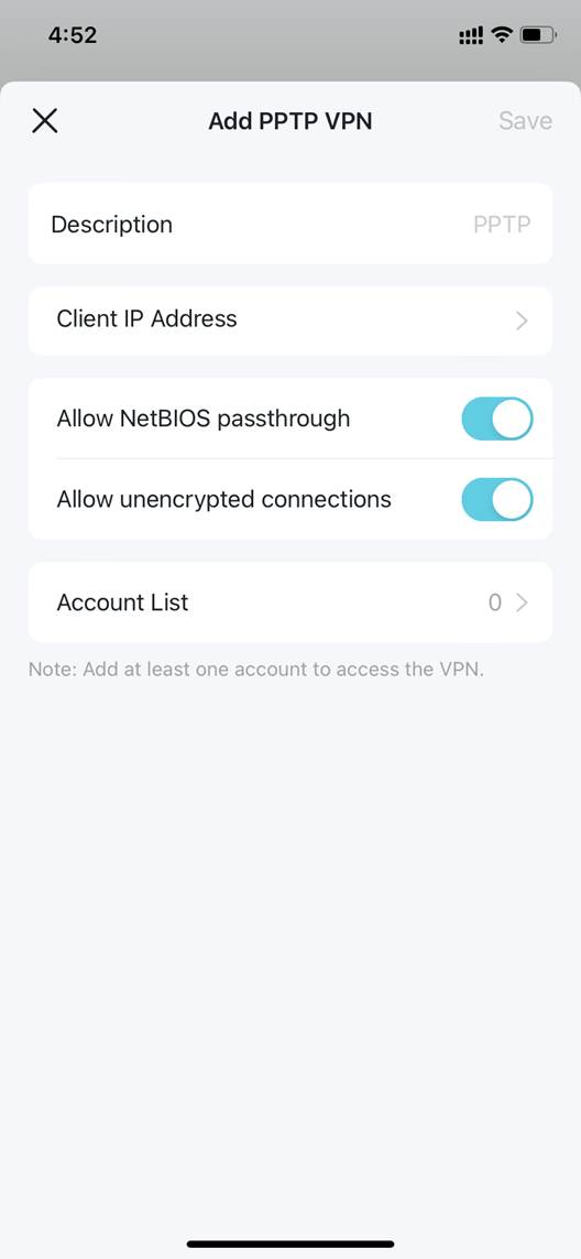 ALT-Text: Deco-App mit VPN-Typ-Auswahl und Formular zum Hinzufügen einer PPTP-VPN-Konfiguration.