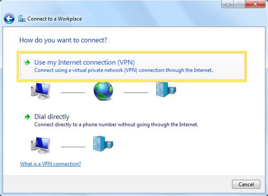 ALT-Text: Windows-Dialog „Wie möchten Sie die Verbindung herstellen?“ mit hervorgehobener VPN-Internetverbindung.