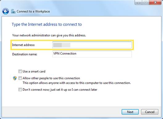 ALT-Text: Windows-Dialog zum Eingeben der Internetadresse für die Verbindung.