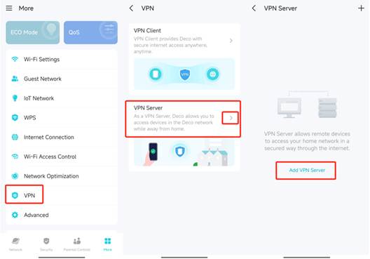 ALT-Text: Deco-App mit hervorgehobener VPN-Option, ausgewähltem VPN-Server und Schaltfläche VPN-Server hinzufügen.