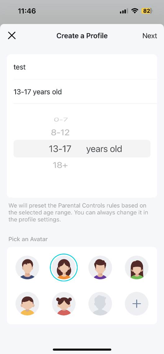 ALT-Text: Seite zum Anpassen des Kindersicherungsprofils mit Profilname, Alter des Kindes und Avatar.