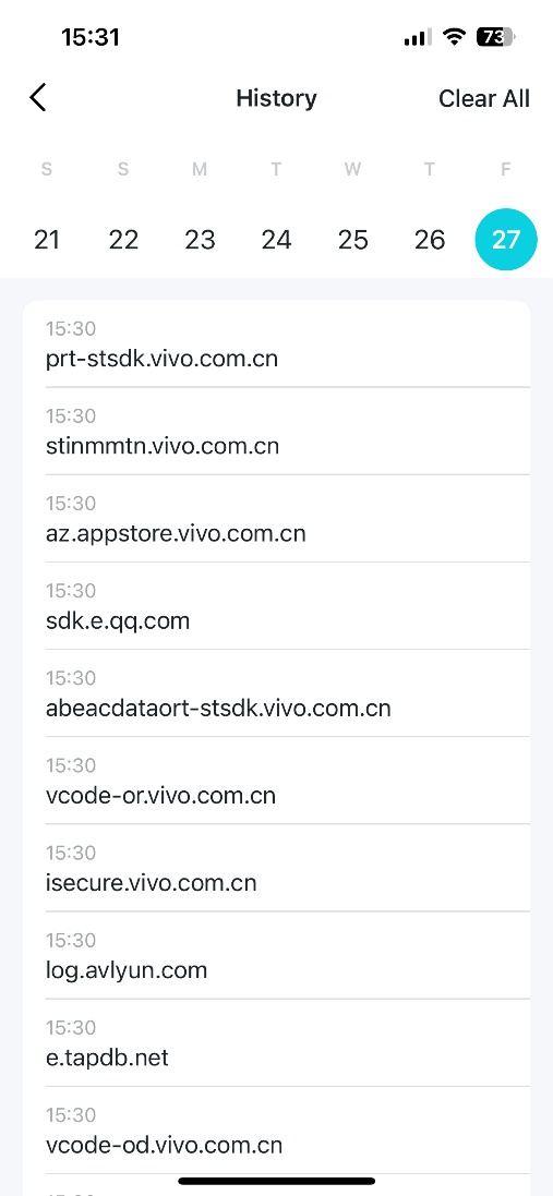ALT-Text: Verlauf blockierter Websites.