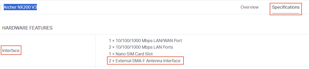 The interface details on the specification page of Archer NX200 V3.