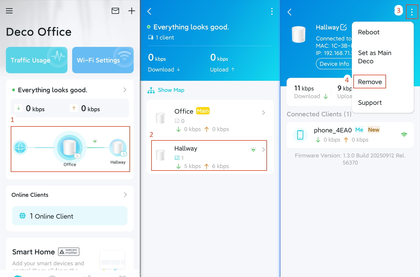 Complete steps to reset a satellite Deco on the app.