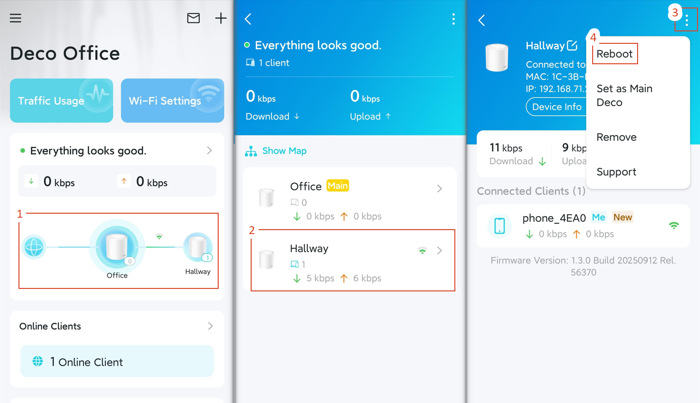Complete steps to reboot a satellite Deco on the app.
