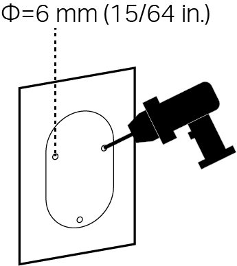 An illustration shows how to drill three mounting holes on the wall using a 6 mm (15/64 inch) bit, aligned with the screw hole positions of the mounting template.