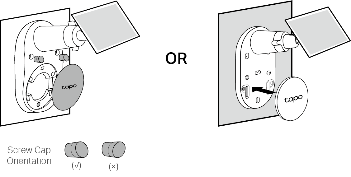 The illustration shows how to attach the decorative base cover onto the solar panel bracket and insert screw caps if provided.