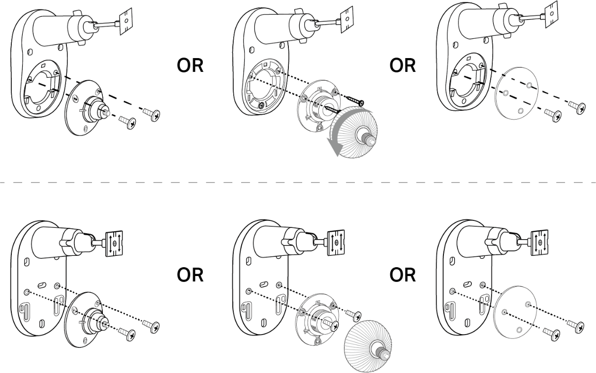 An illustration shows how to secure camera brackets of different models to the solar panel bracket.Alt text: An illustration shows how to secure camera brackets of different models to the solar panel bracket.