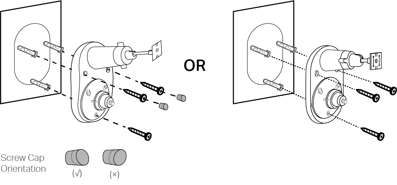 An illustration shows how to secure the integrated brackets to the wall. If screw caps are included, install them into the upper two holes of the solar panel bracket.