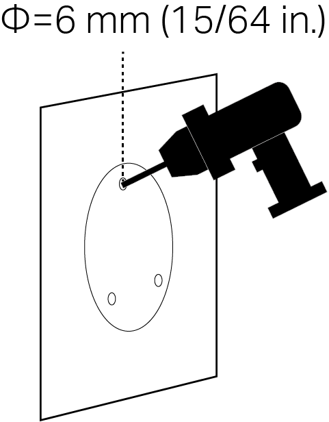 An illustration shows how to drill three mounting holes on the wall using a 6 mm (15/64 inch) bit, aligned with the screw hole positions of the mounting template.