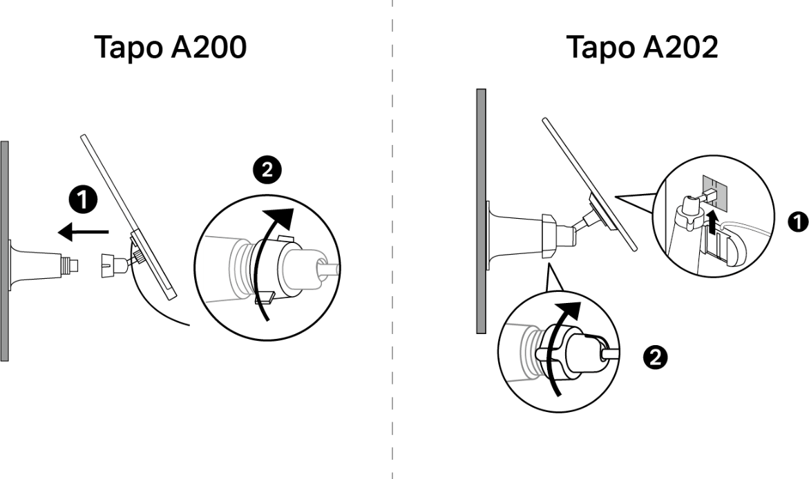An illustration shows different ways to install the solar panel onto the Tapo A200 and Tapo A202 brackets.