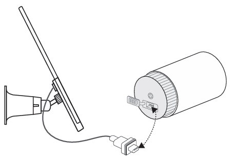 The illustration shows how to insert the Tapo A200 connector into the camera’s charging port with the waterproof gasket.