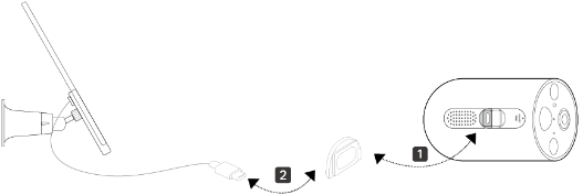The illustration shows how to insert the Tapo A200 connector into the camera’s charging port with the waterproof gasket.