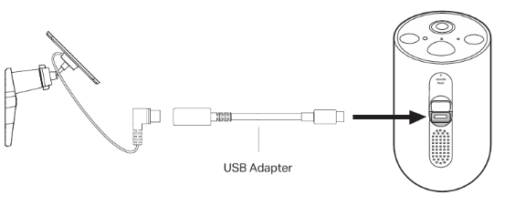 The illustration shows how to insert the Tapo A201 connector into the camera’s charging port with the adapter and waterproof gasket.