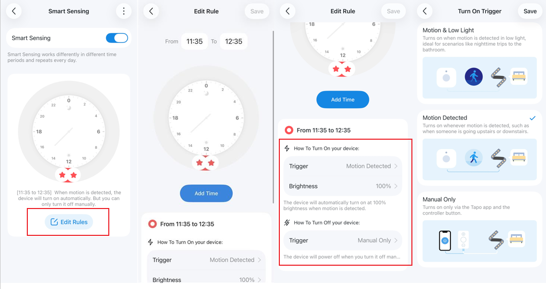 Captura de tela do aplicativo Tapo mostrando o caminho de configuração da regra de ativação do Smart Sensing para a fita de LED Tapo.