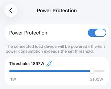 The Power Protection settings screen in the Tapo app showing the feature is enabled, and the power threshold is set to 1897W.