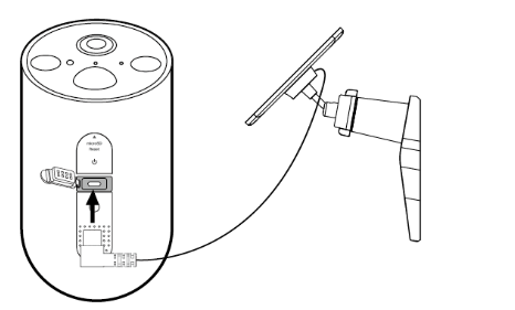 The illustration shows how to insert the solar panel connector into the camera’s charging port.
