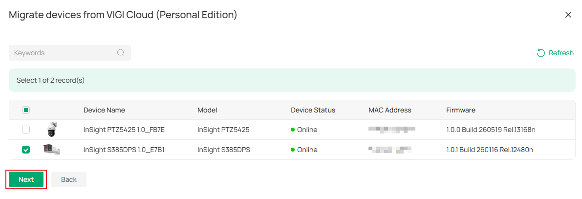 Device migration page showing available devices for migration