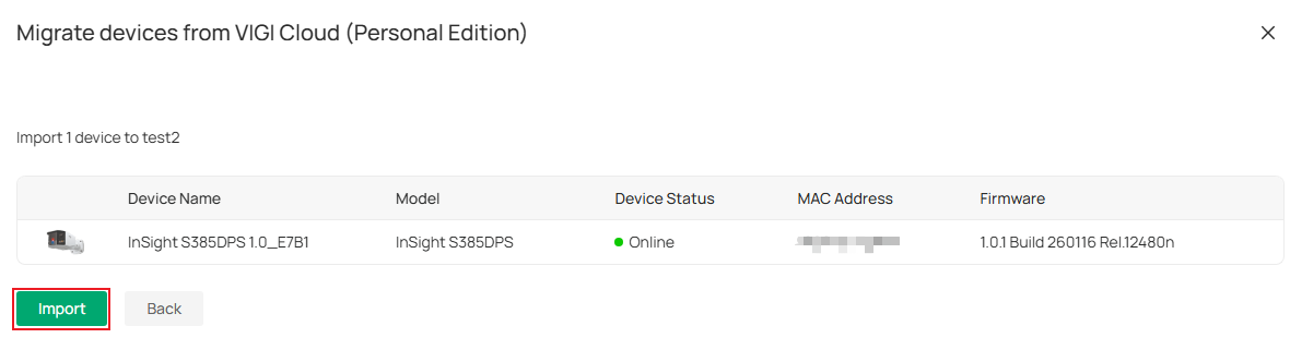 Device migration page showing the Import option