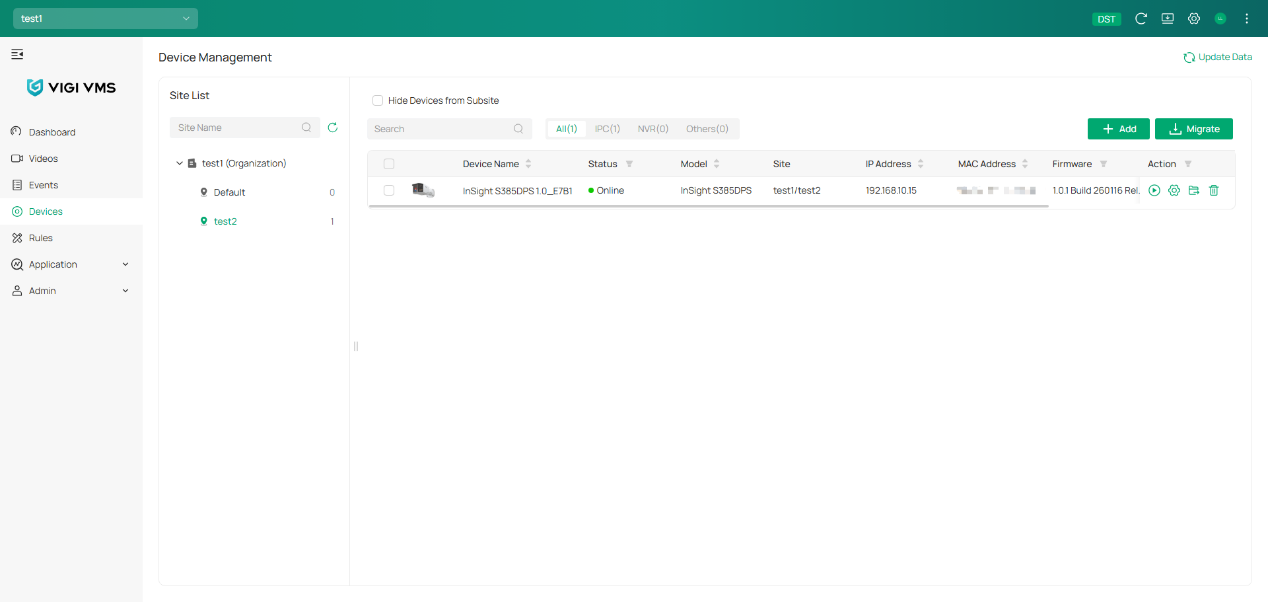 VIGI Cloud VMS devices page showing the migrated device