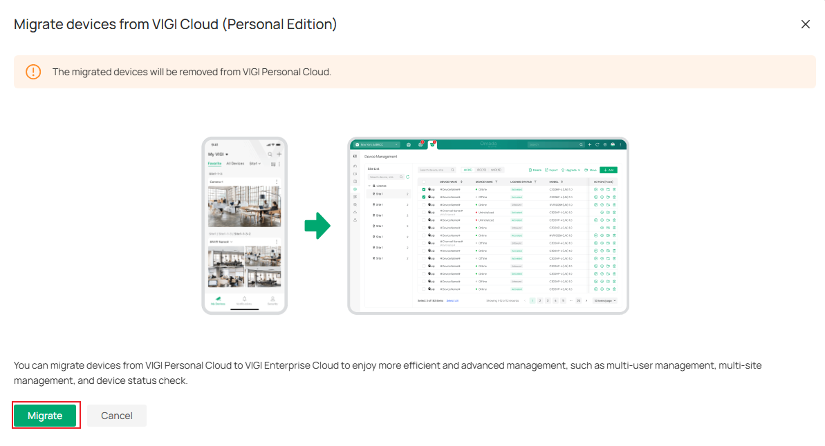 VIGI Cloud VMS migration page showing the Migrate option