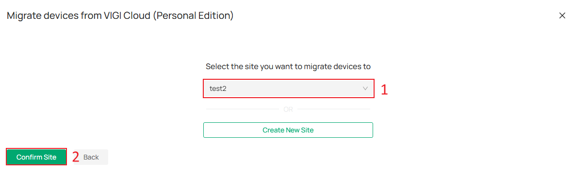 Device migration page showing destination site selection
