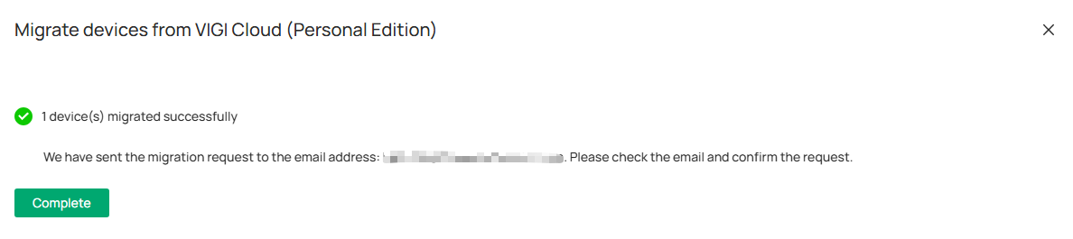 Device migration page showing migration email notification