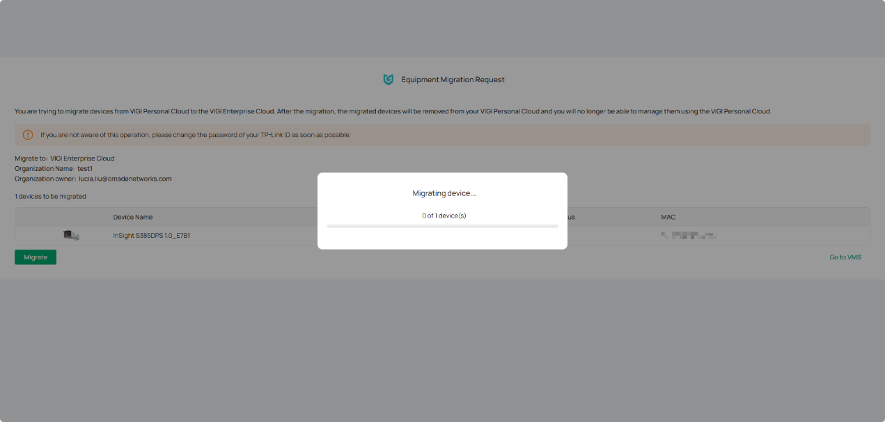 Device migration progress page