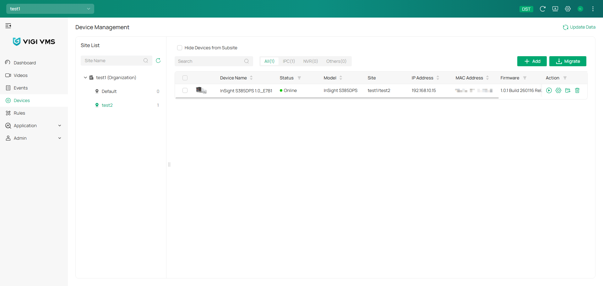 VIGI Cloud VMS devices page showing the migrated device