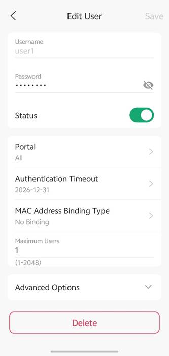 Select a local user to view, edit, or delete the user configuration