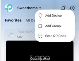 Screenshot guide for adding a device to the Tapo app.