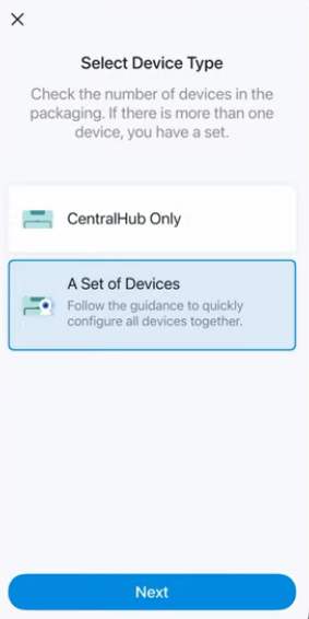 The select device type page includes CentralHub Only and A Set of Devices options.