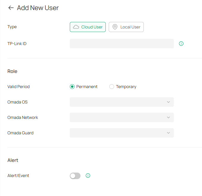 Add New User page showing Cloud User invitation settings and module role assignment options.