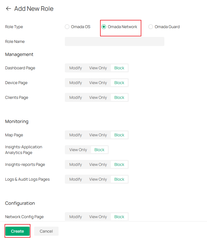 Omada Network custom role configuration page showing permission selection options