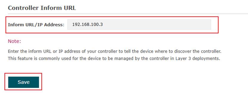 Controller Inform URL setting on the WAN-side network device with the WAN address of the Fusion Gateway entered