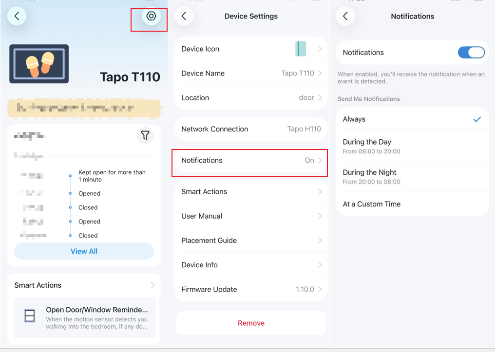 Tapo T110 sensor notification settings interface on Tapo app.