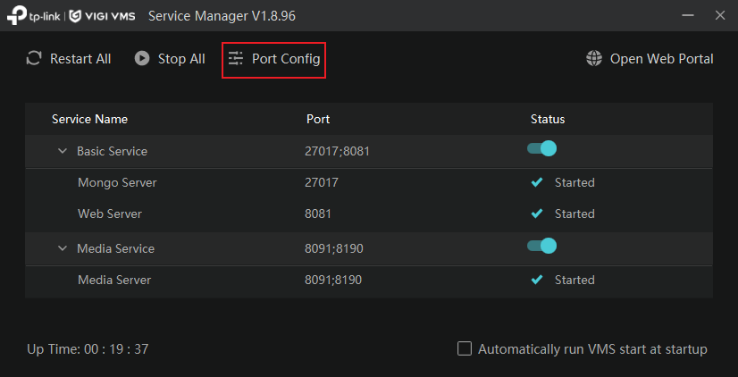 Show Port Config option position in the VMS Service Manager window
