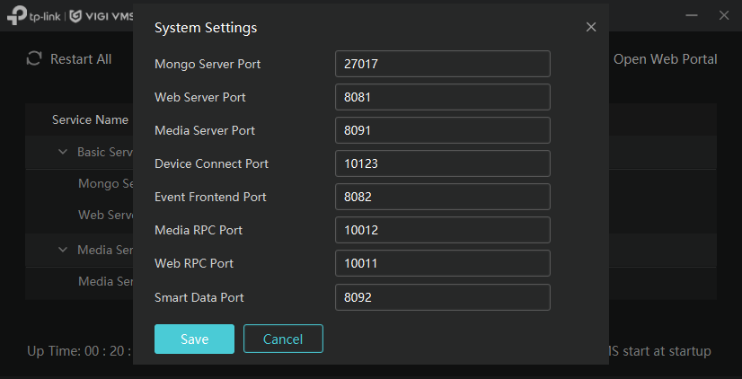 System Settings page showing all configurable VMS port types and their current settings