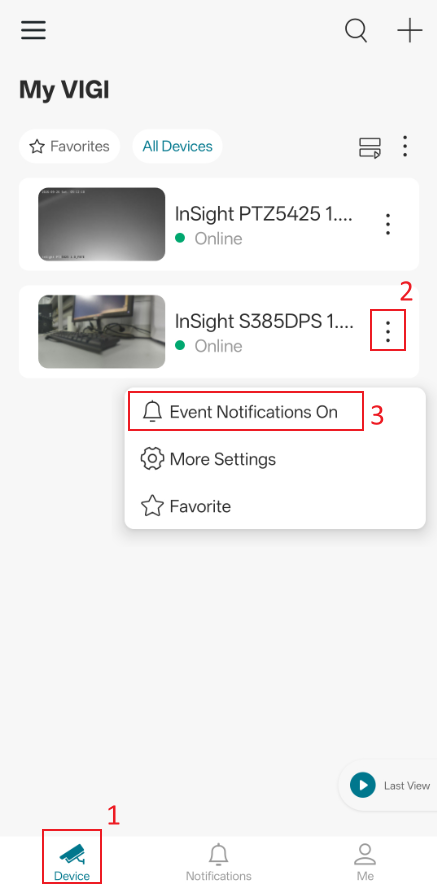 Show the position of the Event Notifications in the Device page