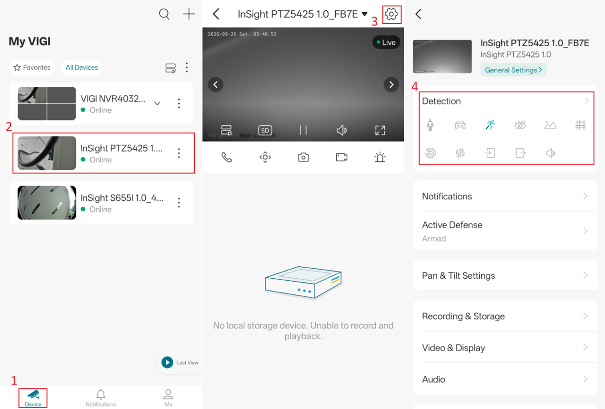 Show the position of the Detection option in the camera's settings page