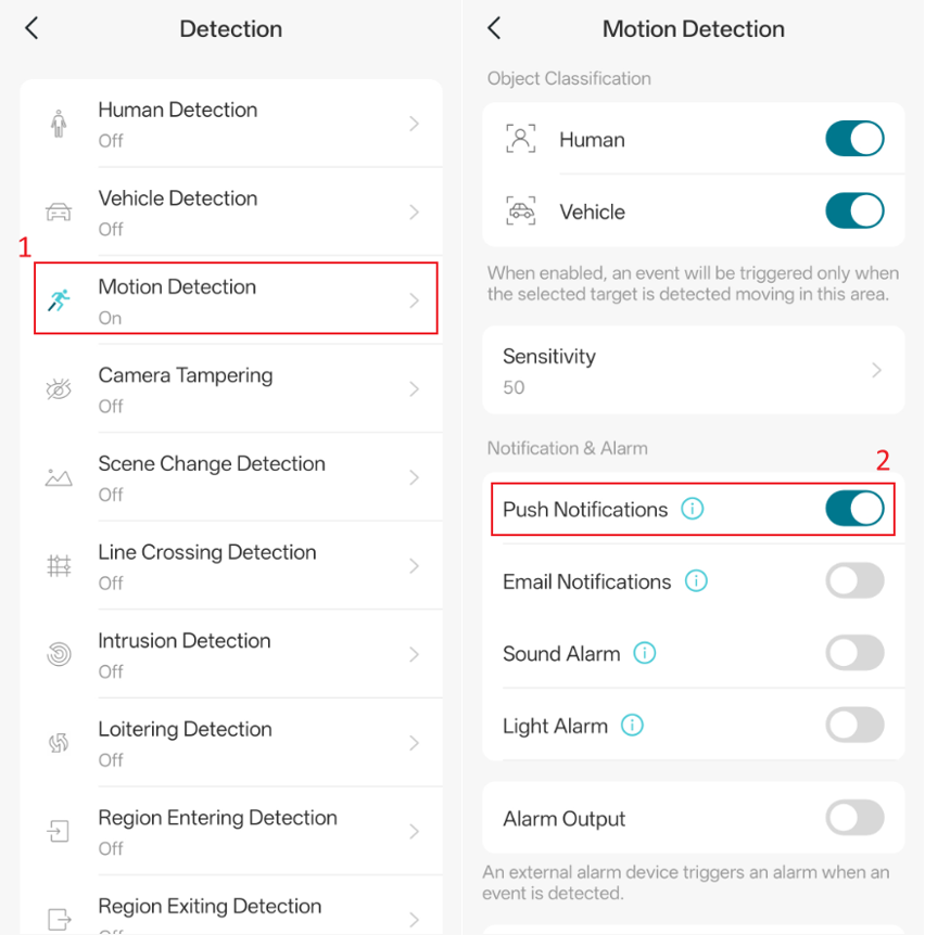 Display the position of Push Notifications for Motion Detection in the VIGI App