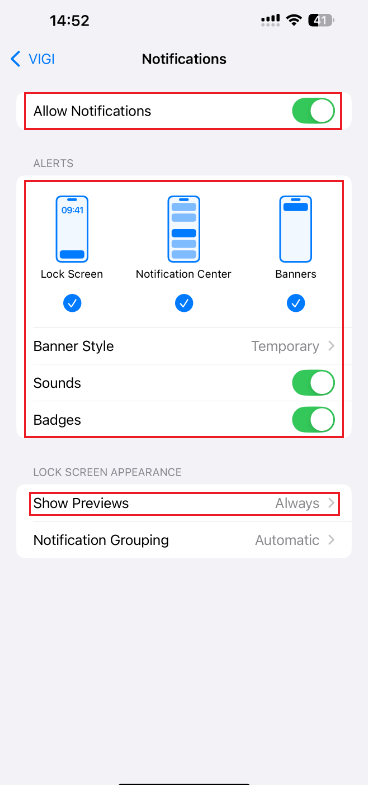Display the VIGI App Notifications settings page on iOS Settings page