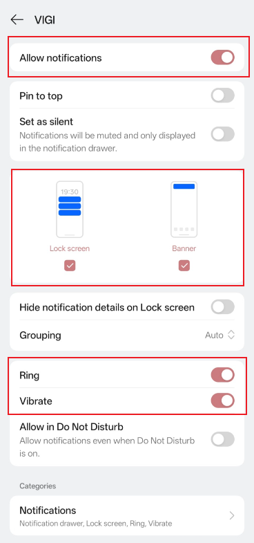Display the VIGI App Notifications settings page on Android Settings page