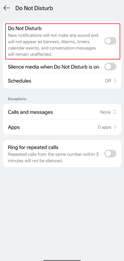 Display the Do Not Disturb settings page on Android