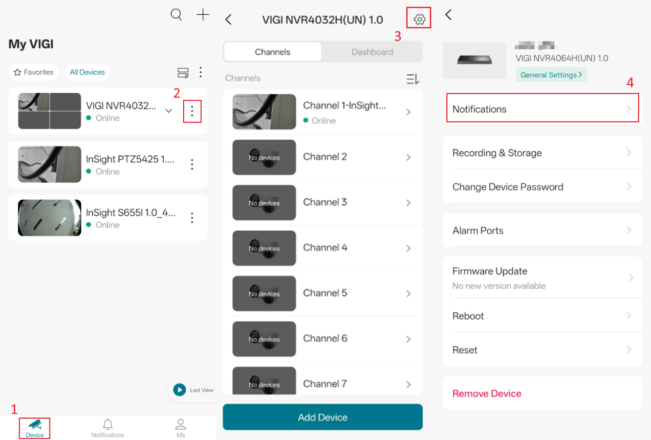 Shows the position of the Notifications option in the NVR's settings page