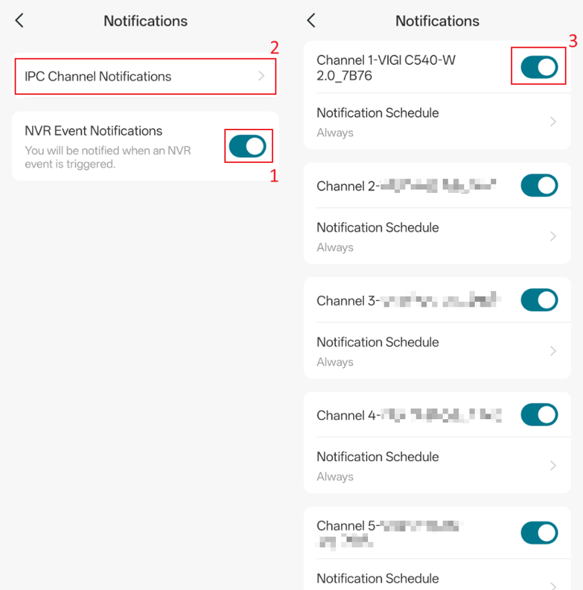 Shows how to enable NVR Event Notifications and select IPC channels for receiving notifications