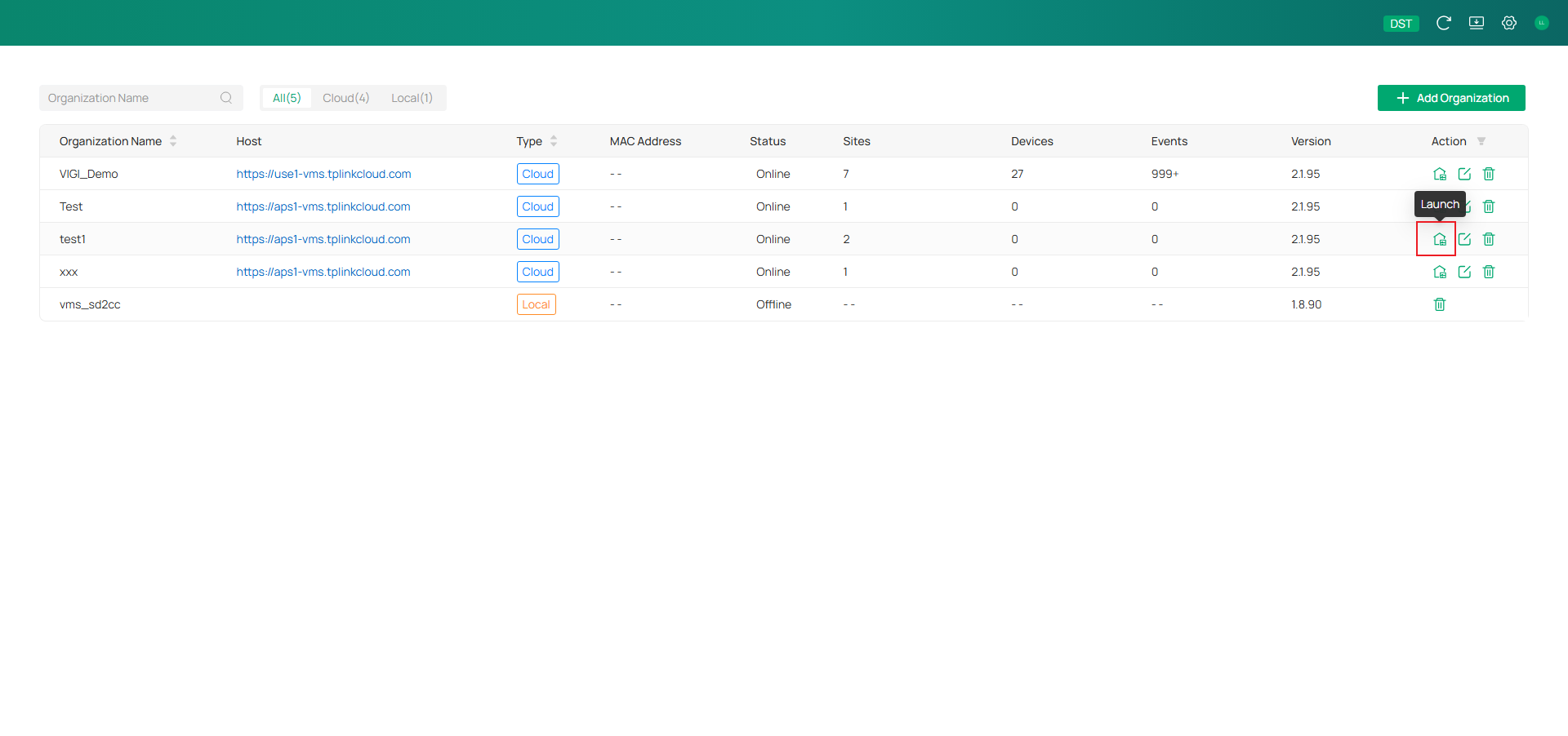 VIGI Cloud VMS Manage Organization page showing Launch option