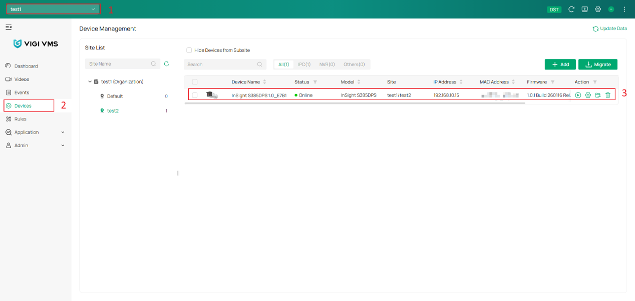 VIGI Cloud VMS Device page showing devices within a selected site