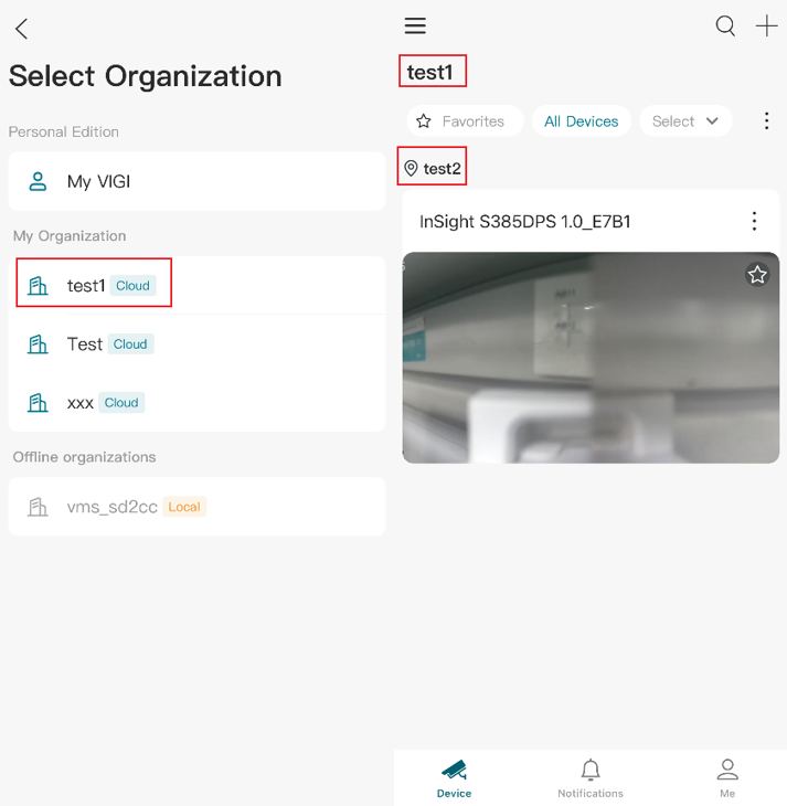 VIGI App Device page showing devices within a selected site